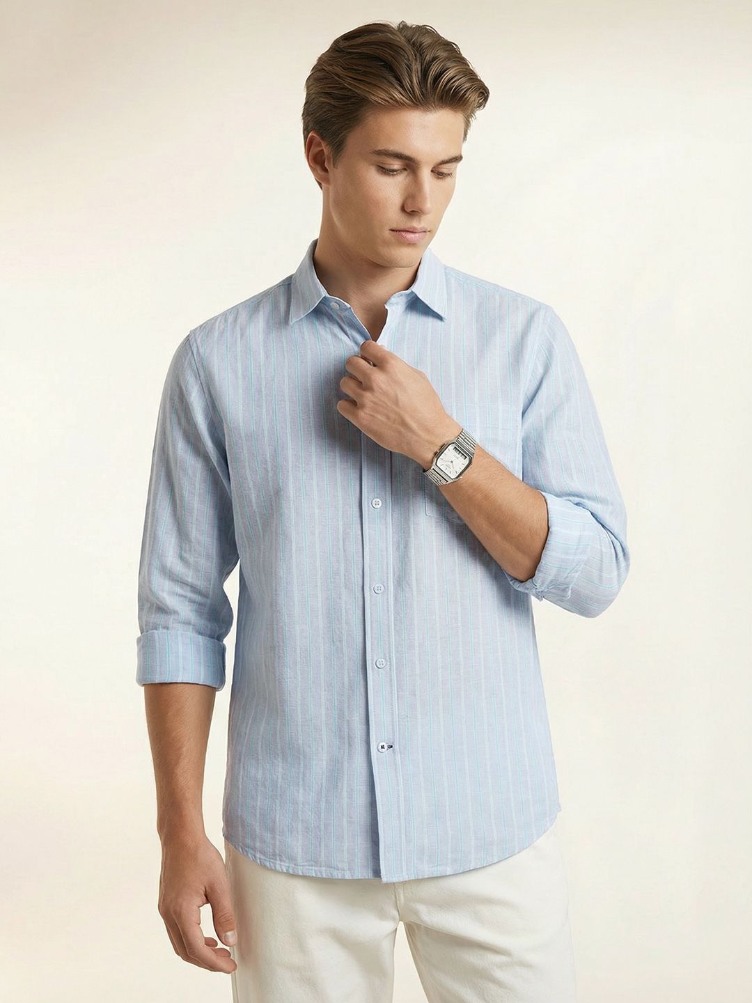 Nautica Slim Fit Striped Cotton Linen Casual Shirt