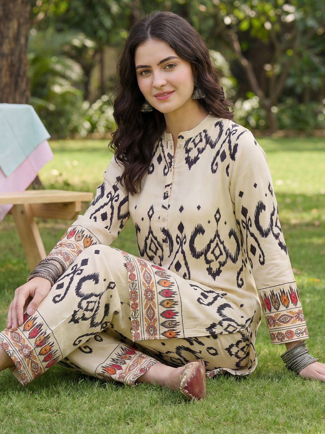 Indo Era Off White Printed Straight Co-ords Set