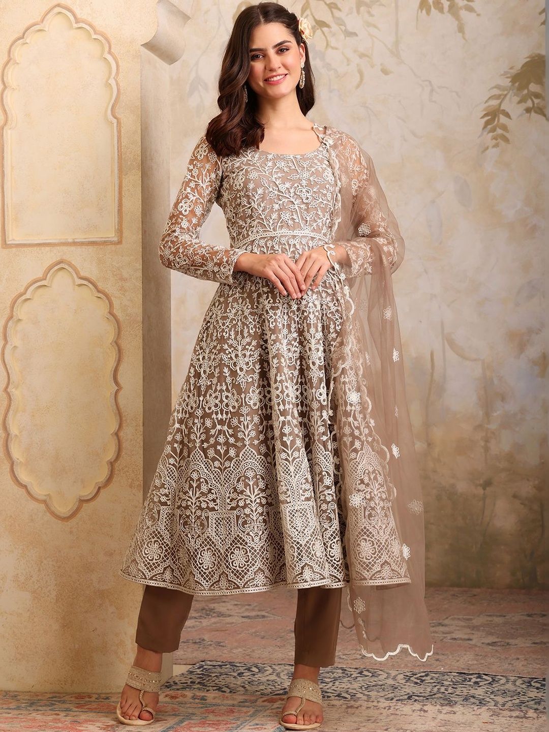 Women Embroidered Kurta with Trousers With Dupatta Inddus Women Floral Embroidered Empire Thread Work Kurta with Trousers & With Dupatta