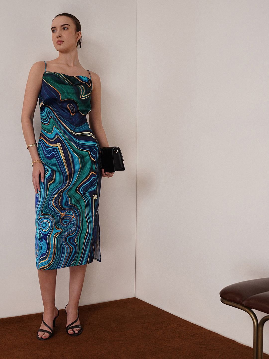 Printed Square Neck Dress FABLE STREET Abstract Printed Square Neck Satin Women Dress
