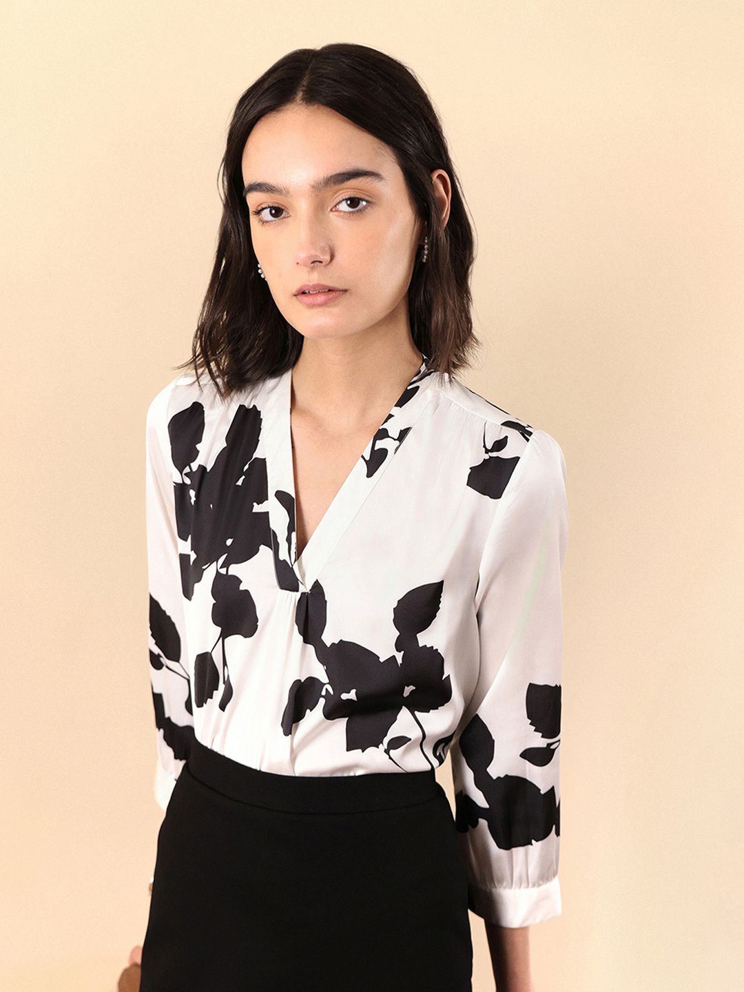 Women Floral Print Top FABLE STREET Women White & Black Floral Print Satin Top