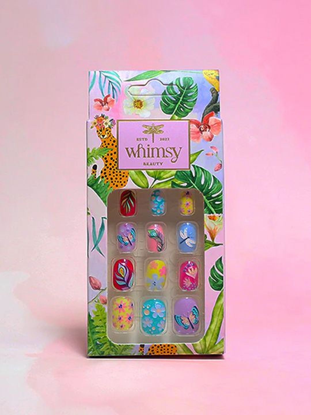 Whimsy Beauty Set Of 24 Press On Reusable Nail Kit - Floral & Feather