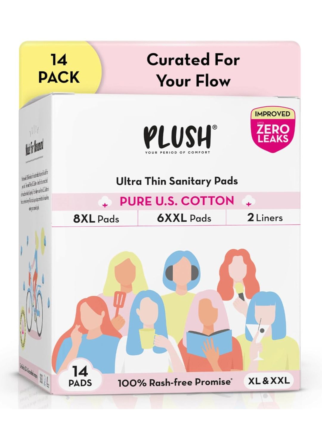 Plush Plush Set of 14 Pure US Cotton Rash Free Sanitary Napkins & 2 Panty Liners - 8L + 6XL