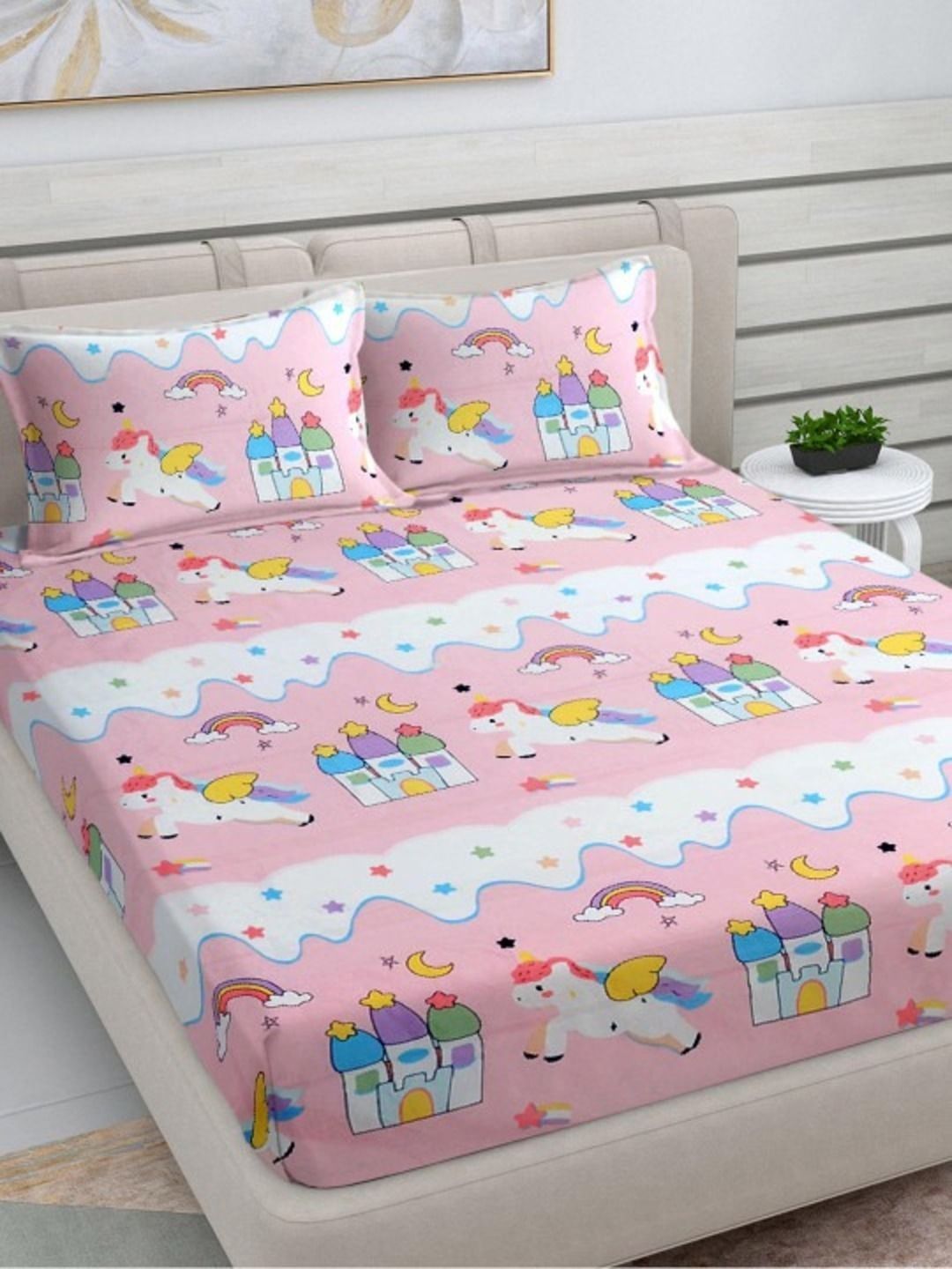 TINDLER KNOTS Pink Cartoon Characters 250 TC Bedsheet with 2 Pillow Covers
