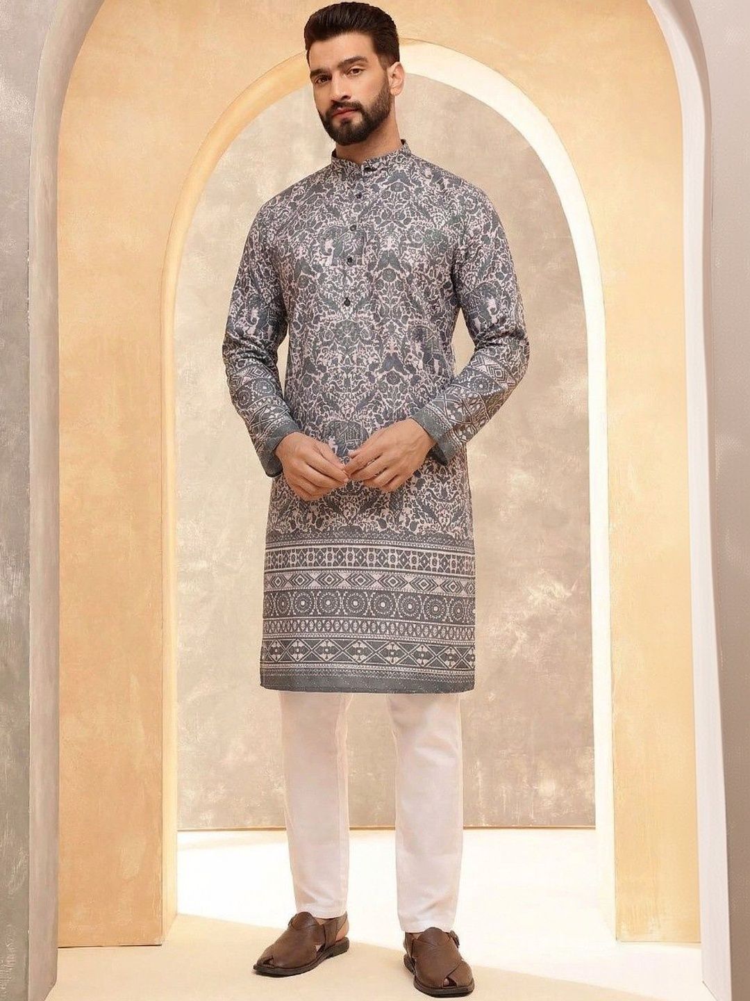 VELKYNOX Men Ethnic Motifs Printed Sequinned Floral Kurta