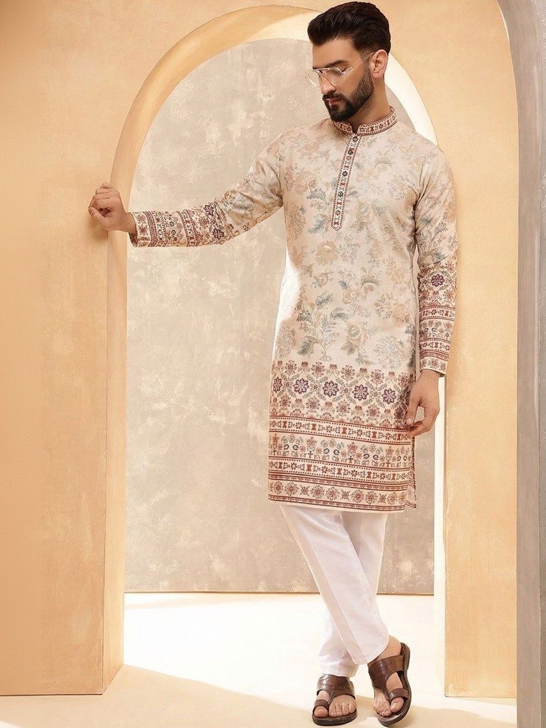 VELKYNOX Men Floral Printed Sequinned Floral Kurta