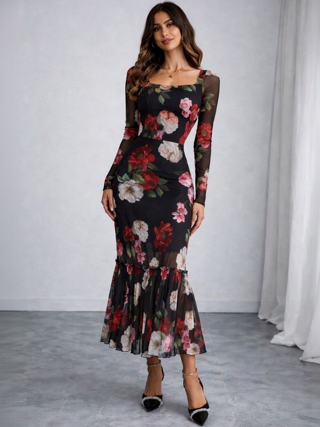 KI STUDIO Floral Print Flared Sleeve Net Bodycon Midi Dress