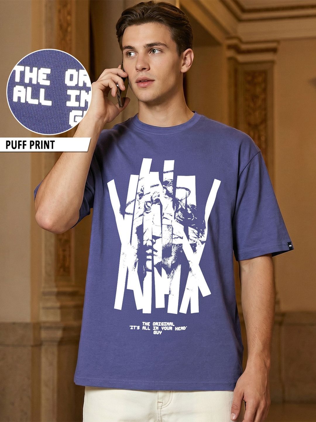 Bewakoof Men's Skipper Blue Original Graphic Printed Oversized T-shirt