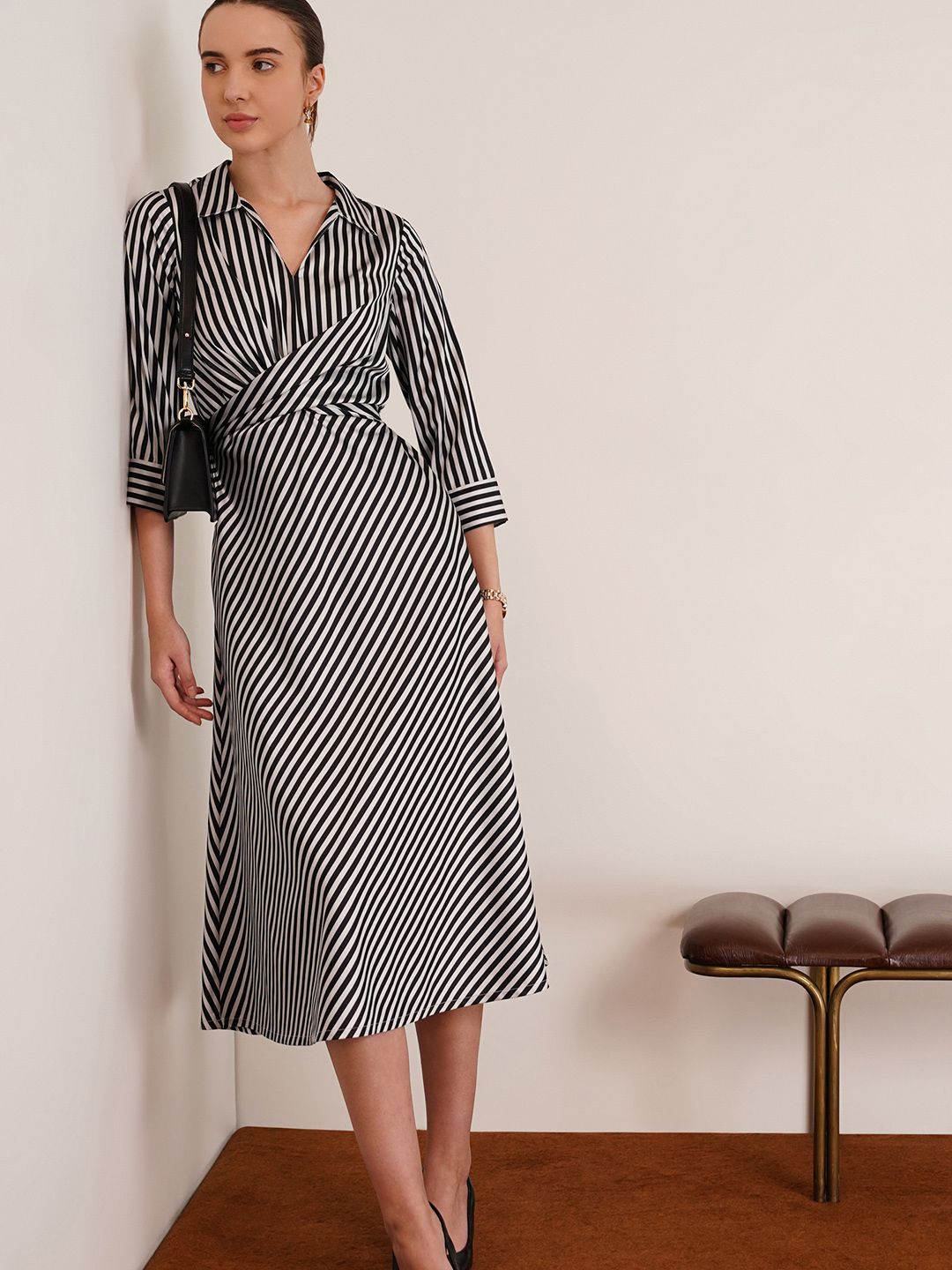 Striped Fit & Flare Midi Dress FABLE STREET Striped Satin Fit & Flare Stretchable Midi Women Dress