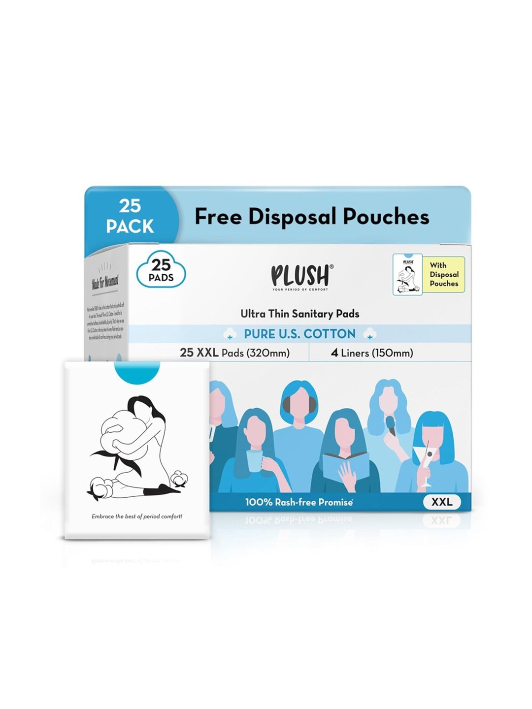 Plush Plush Set of 25 Rash-Free Sanitary Pads with Disposable Pouches & 4 Panty Liners - XL