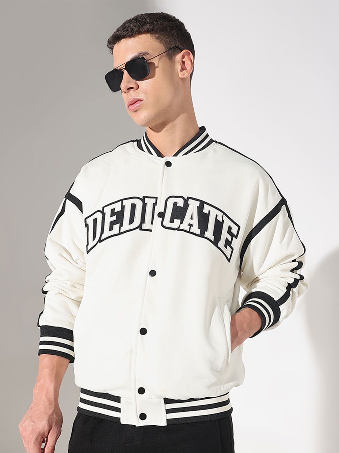 SHOWOFFFF Men Stand Collar Typography Printed Lightweight Varsity Jacket