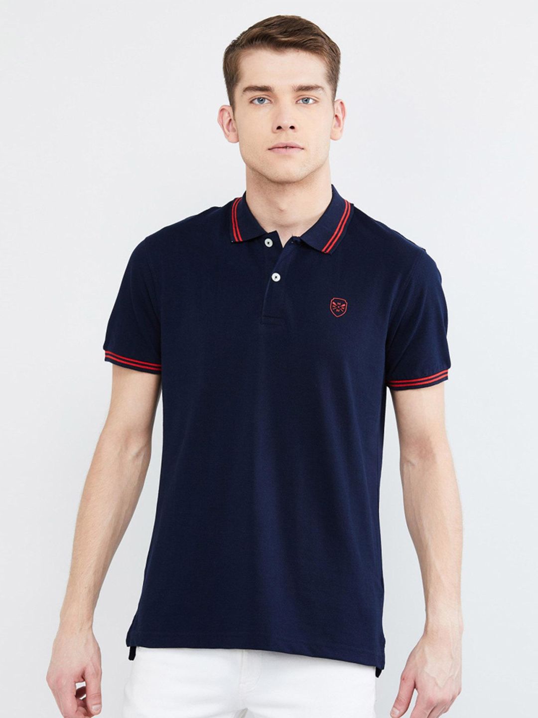 max Men Navy Blue Solid Polo Collar T-shirt