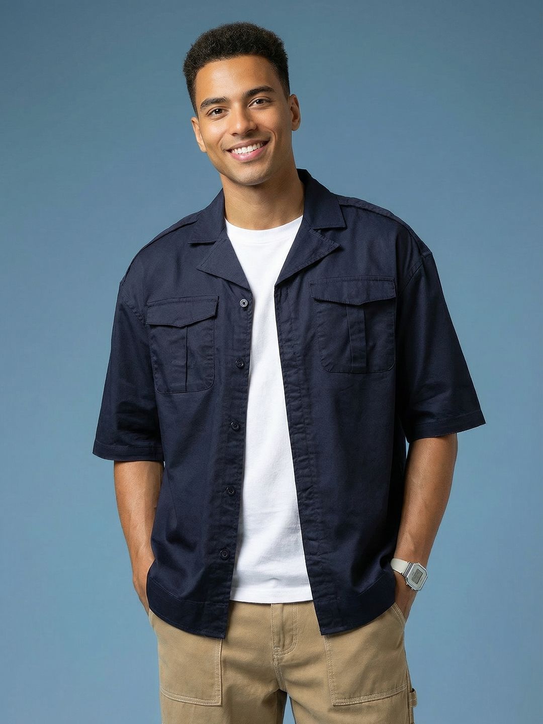 HERE&NOW Cuban Collar Pure Cotton Drop-Sleeves Relaxed Fit Opaque Casual Shirt