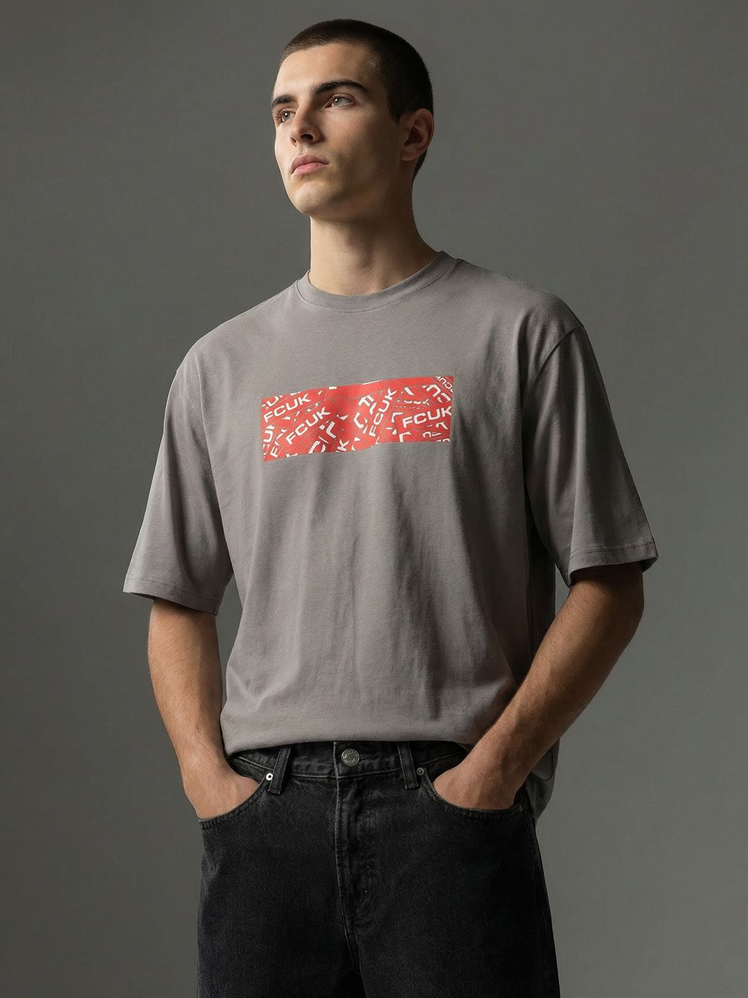 FCUK Brand Logo Printed Drop-Shoulder Sleeves Oversized Pure Cotton T-shirt