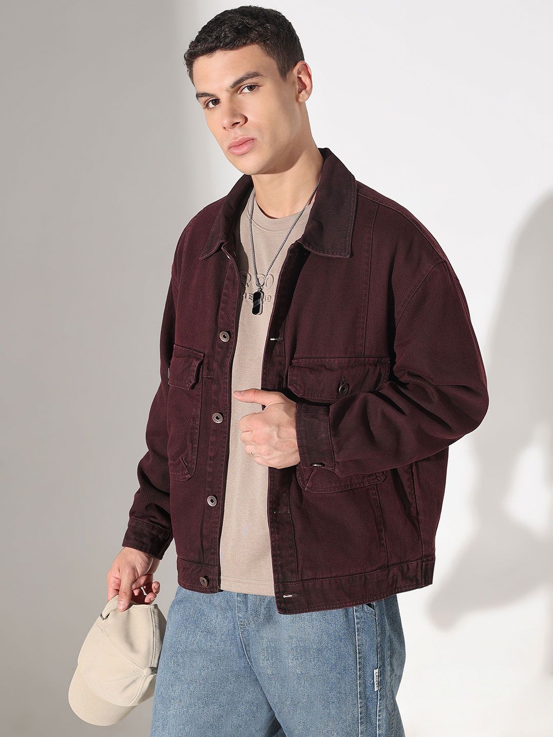 SHOWOFFFF Men Spread Collar Solid Denim Jacket