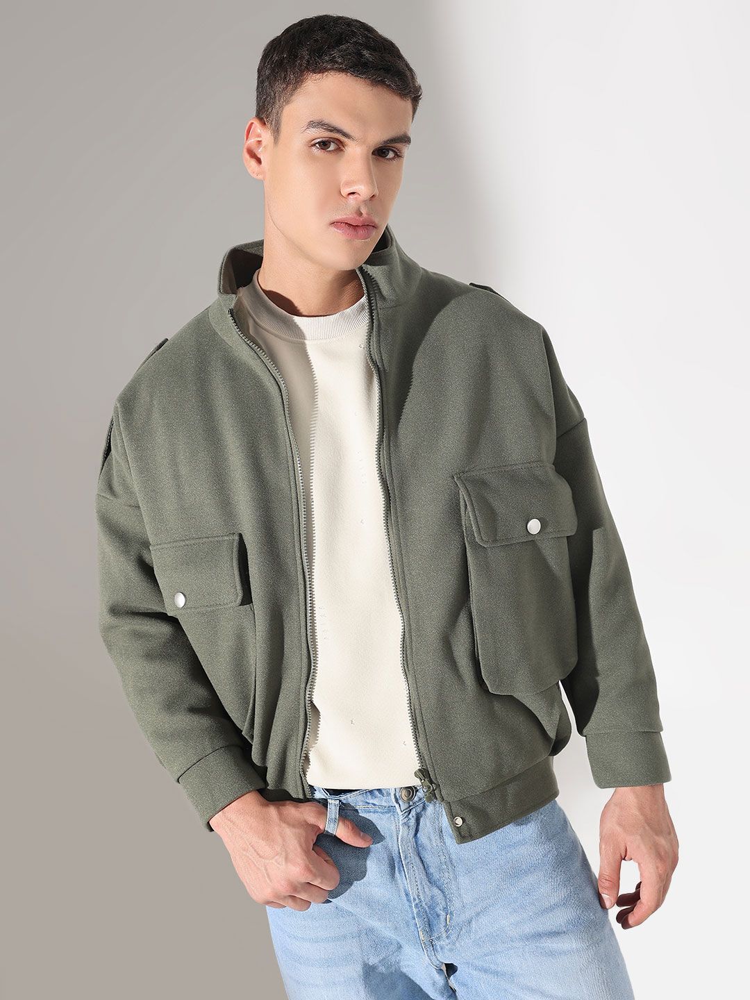 SHOWOFFFF Men Mock Collar Solid Fleece Lightweight Tailored Jacket