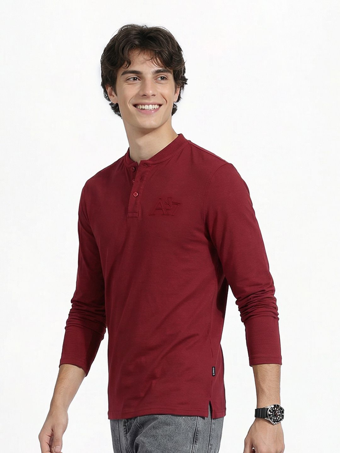 Aeropostale Brand Logo Henley Neck Pure Cotton T-shirt