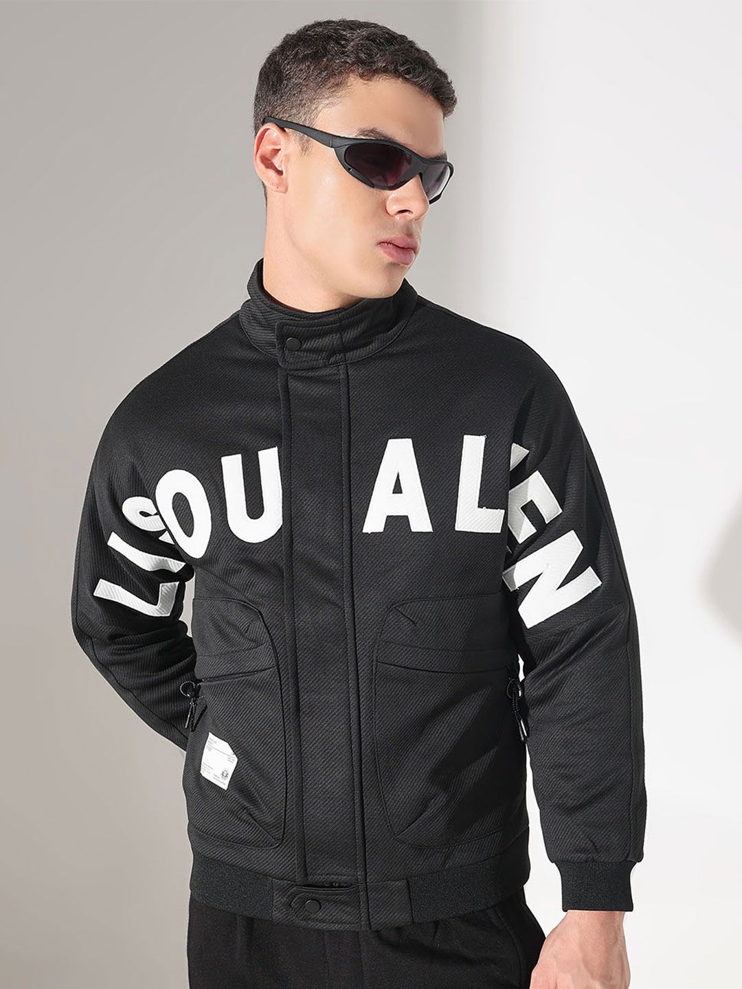 SHOWOFFFF Men Mandarin Collar Typography Printed Lightweight Bomber Jacket