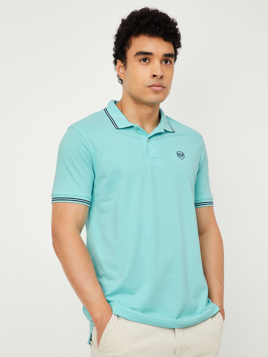 max Men Blue Solid Polo Collar T-shirt
