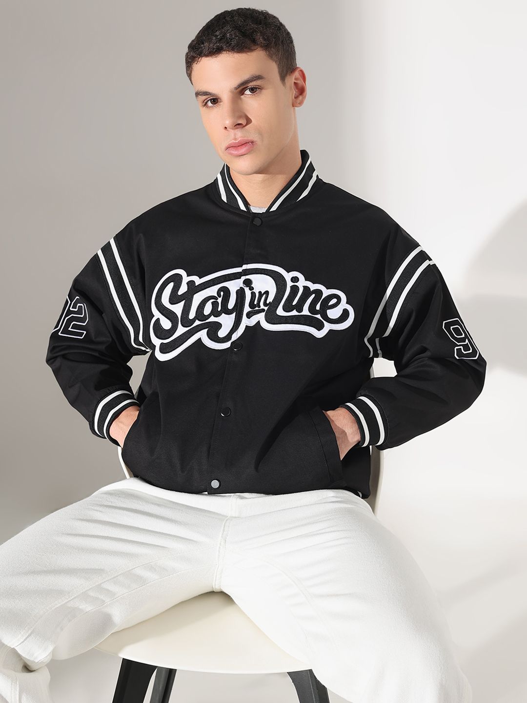 SHOWOFFFF Men Stand Collar Typography Printed Windcheater Varsity Jacket