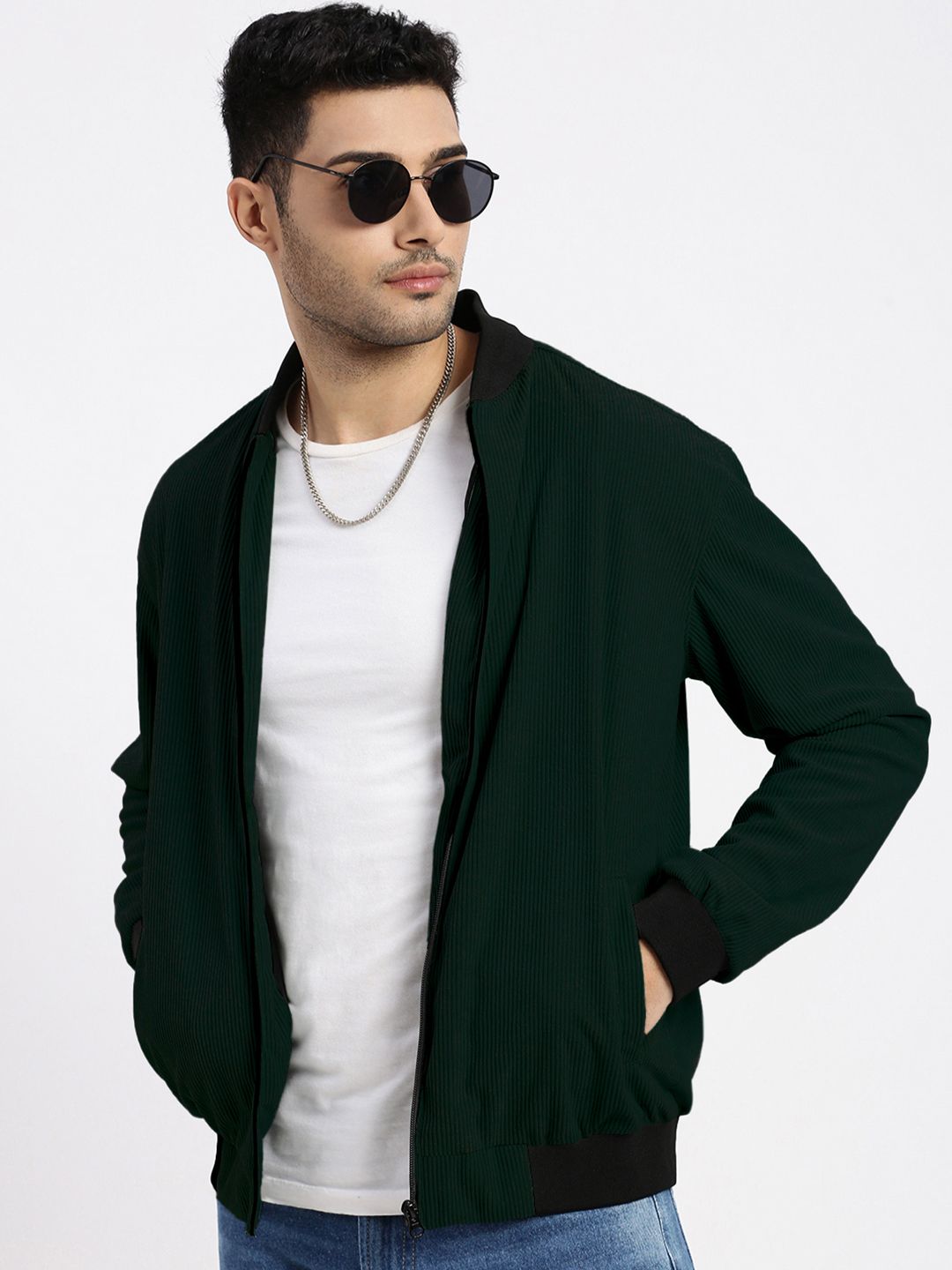 SHOWOFFFF Men Stand Collar Self Design Bomber Jacket