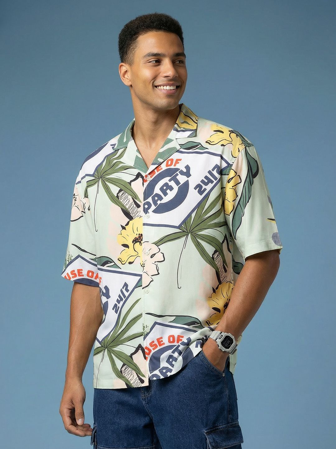 HERE&NOW Tropical Print Drop-Shoulder Sleeves Cuban Collar Slim Fit Casual Shirt