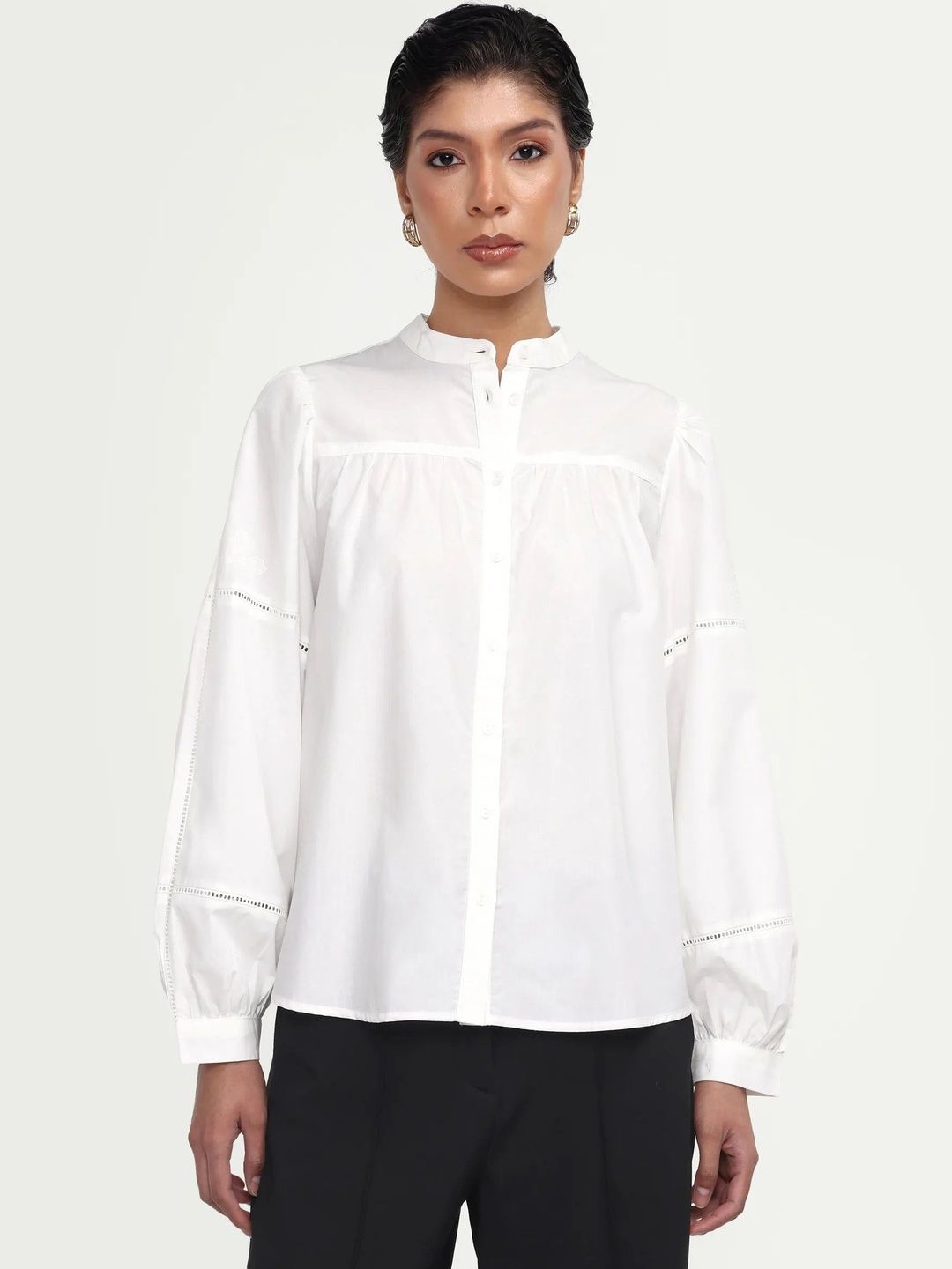 Embroidered Mandarin Collar Top RAREISM Embroidered Mandarin Collar Cotton Top