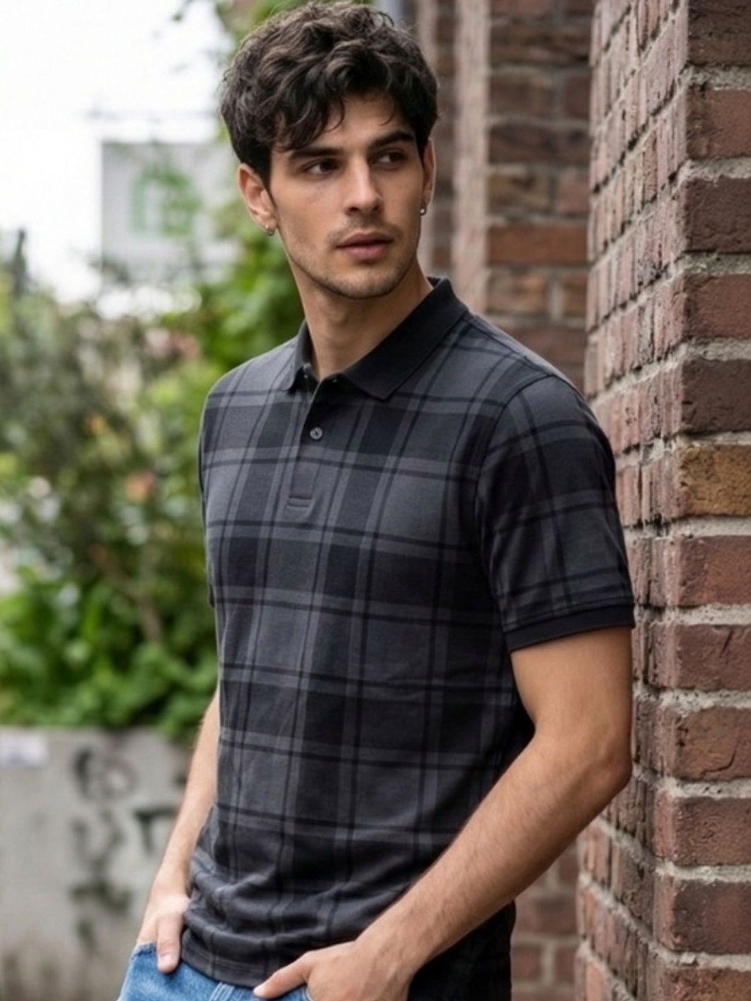 SZN Charcoal Checked Polo Collar T-shirt