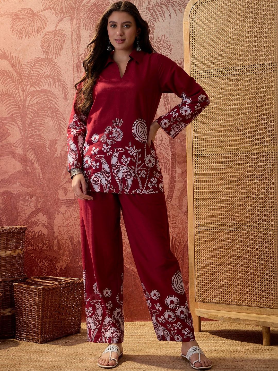 Sangria Grandeur & Majestic Artwork Cotton Tunic with Trousers