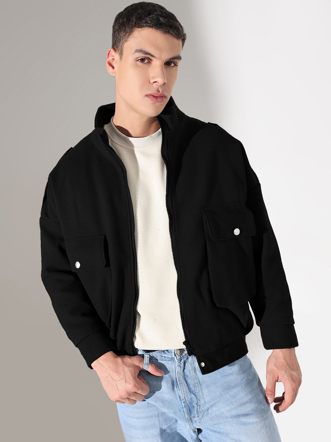 SHOWOFFFF Men Mock Collar Solid Fleece Lightweight Bomber Jacket