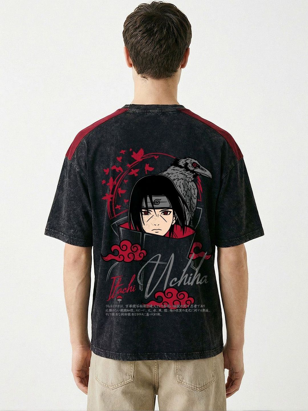 Crazymonk Men Itachi Genjustu Acid Wash Black Xxl Printed Oversized Fit T-shirt