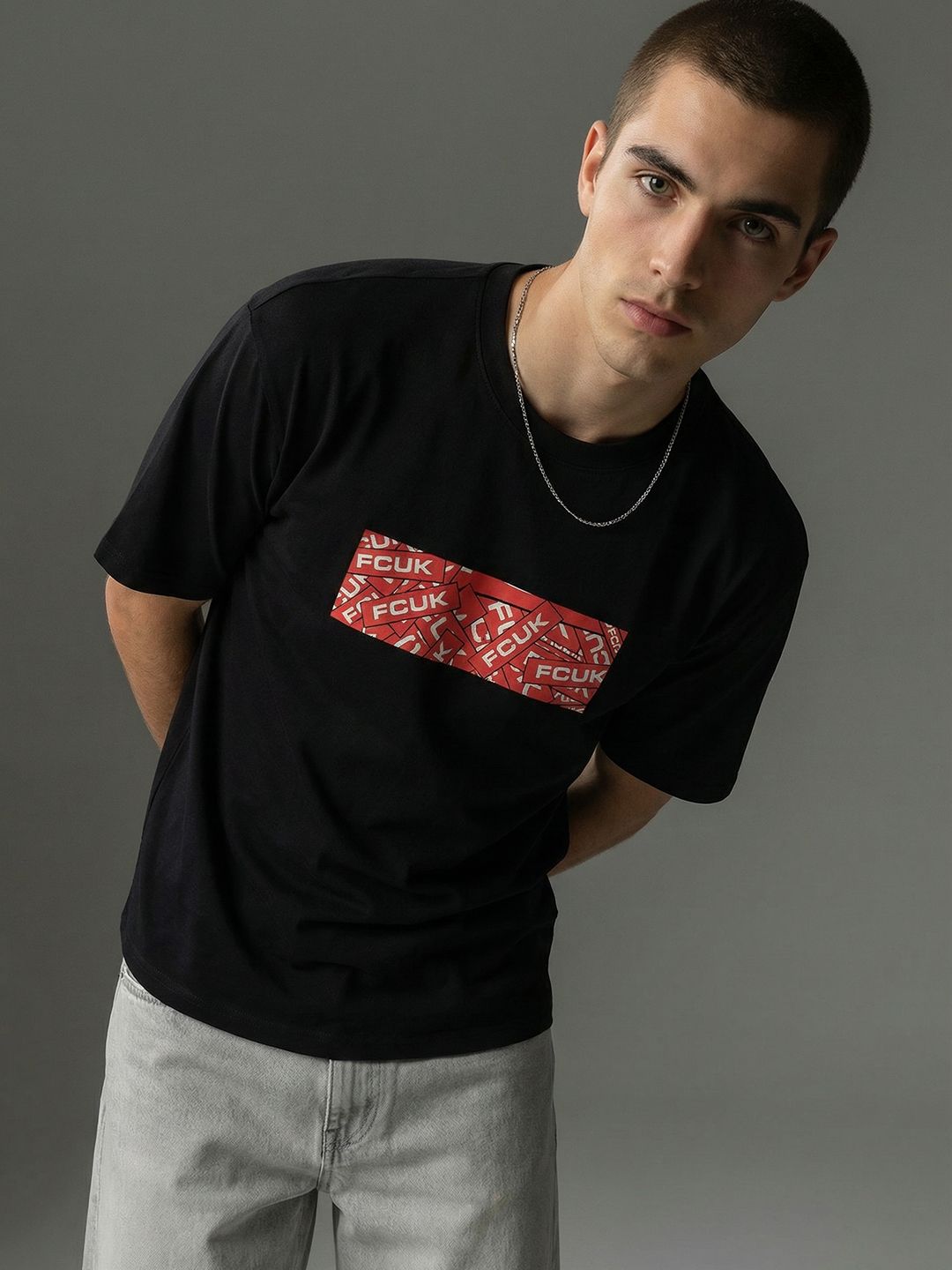 FCUK Brand Logo Printed Drop-Shoulder Sleeves Oversized Pure Cotton T-shirt
