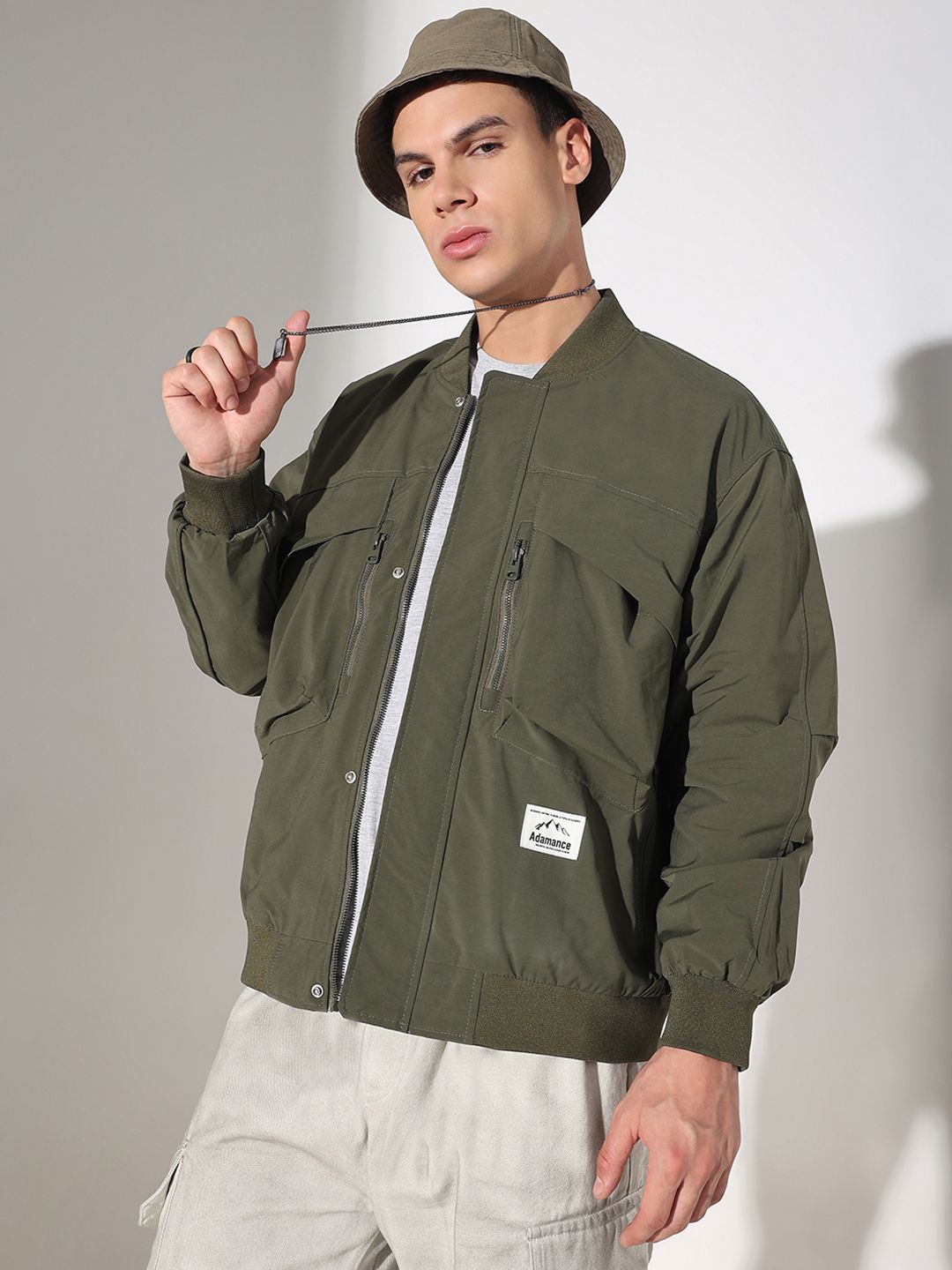 SHOWOFFFF Men Stand Collar Solid Windcheater Bomber Jacket