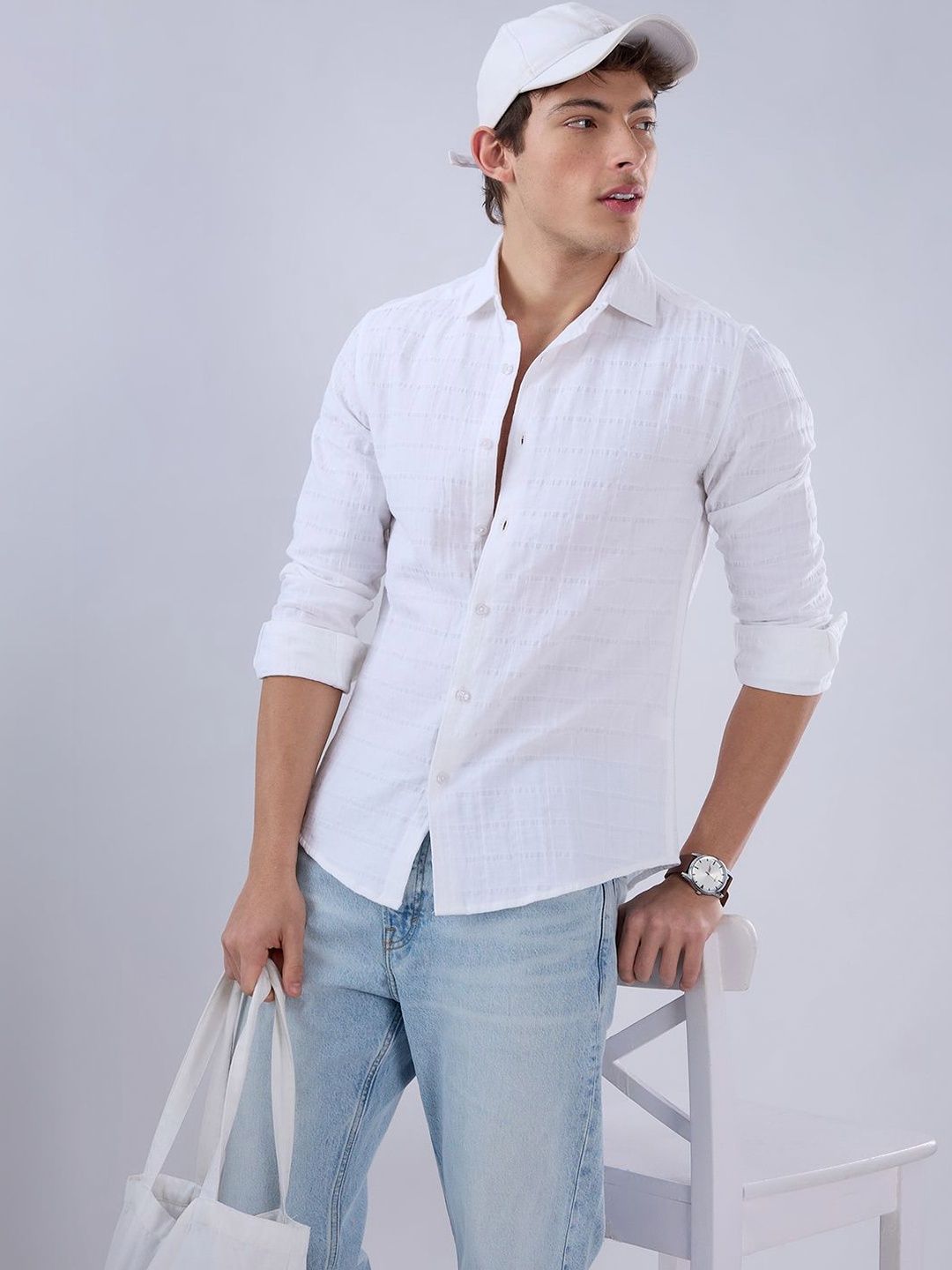 VASTRADO Luxe Pearl White Double Coth Checked Shirt