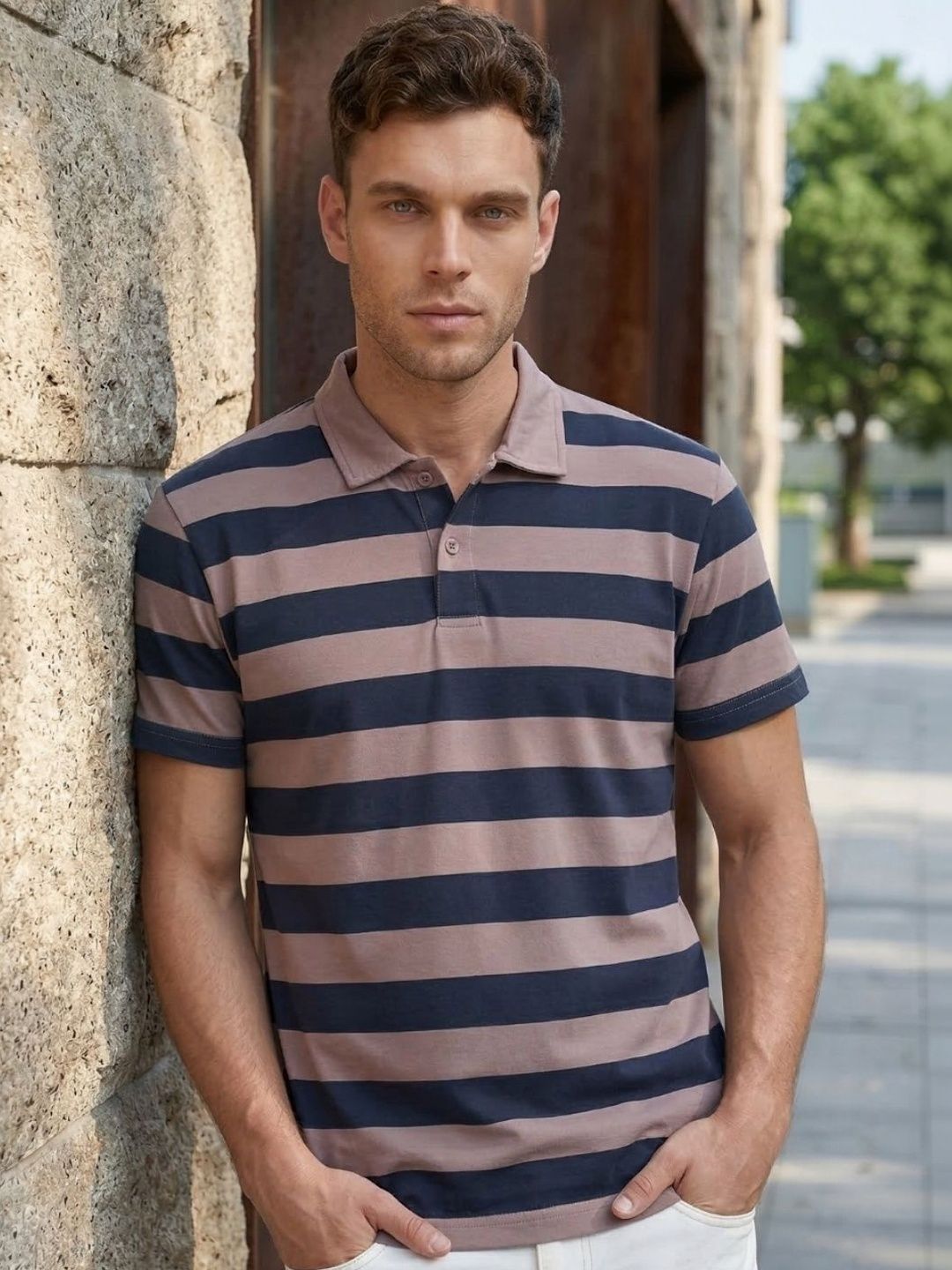 SZN Men Striped Polo Collar T-shirt