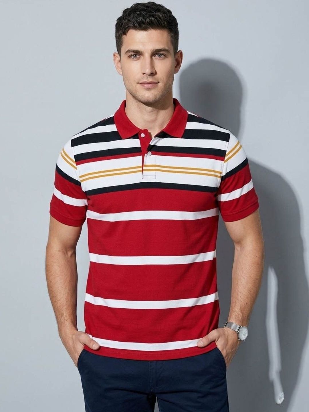 WILD COPS Men Striped Polo Collar T-shirt