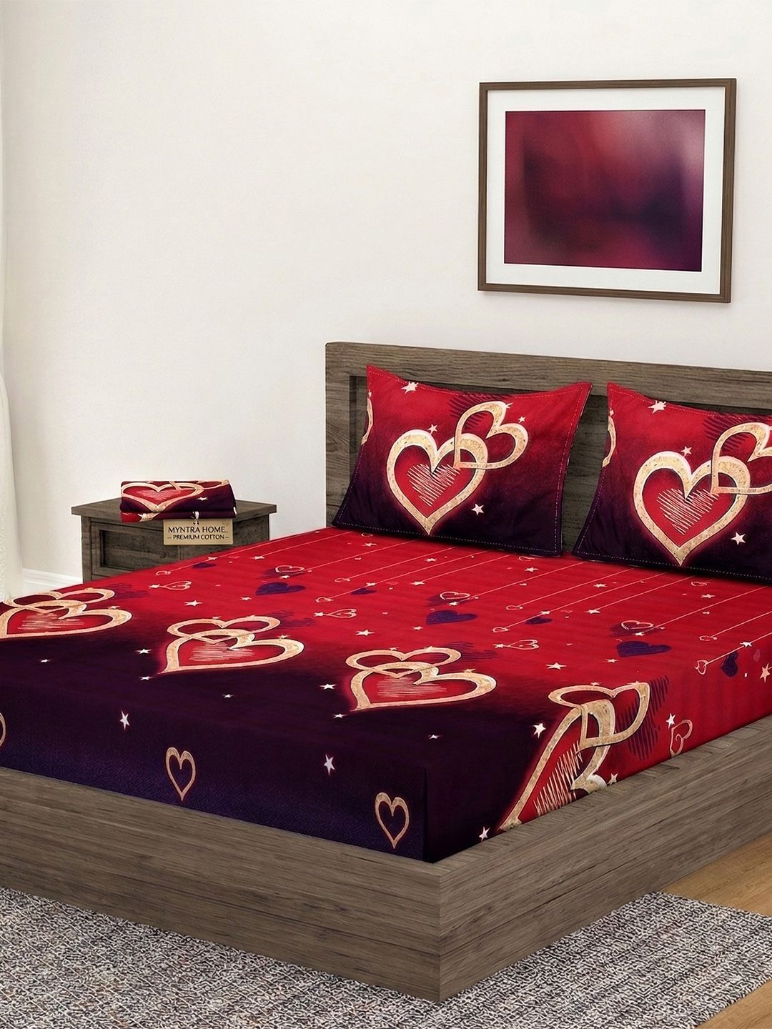 Fashion String Red Conversational 144 TC Bedsheet with 2 Pillow Covers