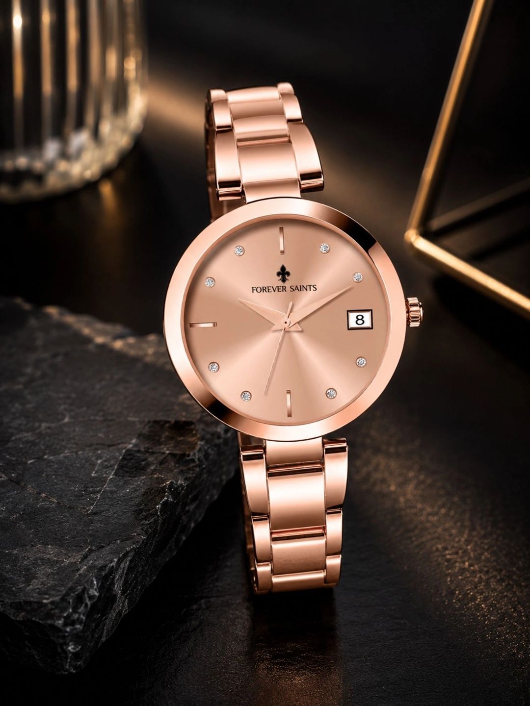 FOREVER SAINTS Women Brass Dial & Stainless Steel Straps Date Aperture Watch