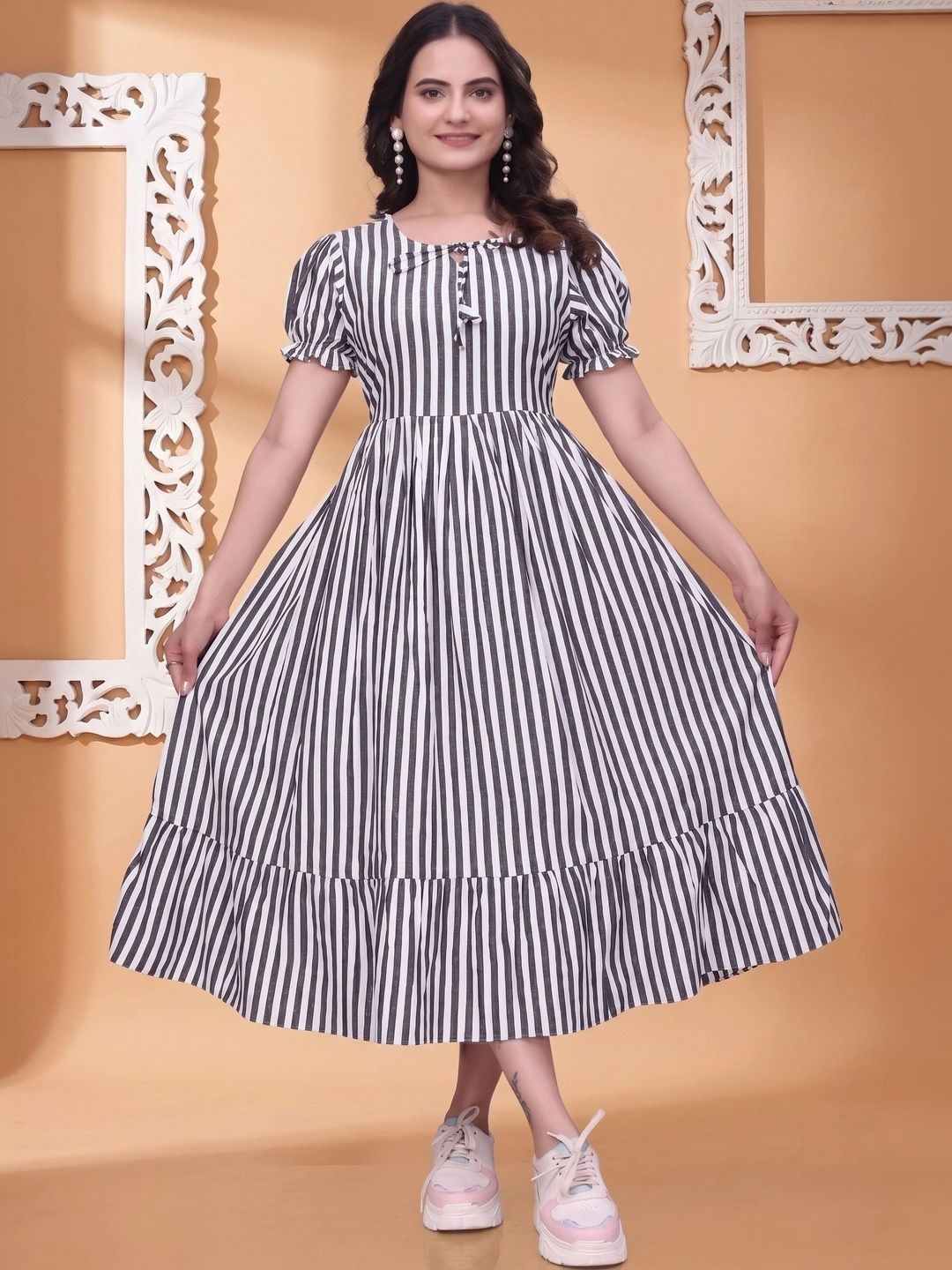 Buy QENA Striped Peter Pan Collar Puff Sleeve A-Line Midi Dress