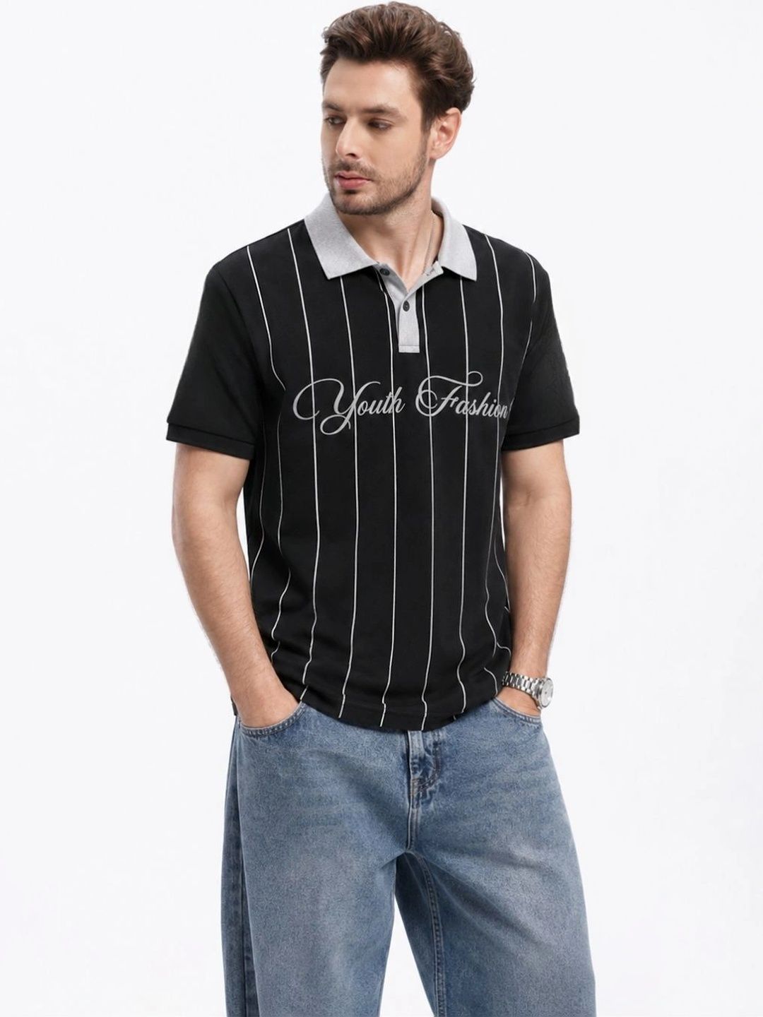 Moda Rapido Men Typography Striped Polo Collar T-shirt