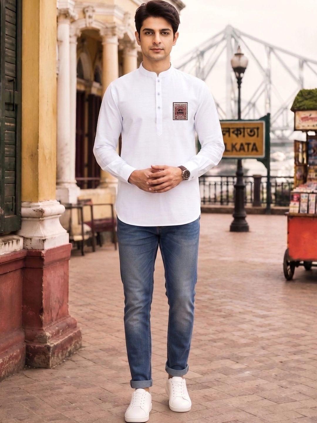 SOURAGYA Men Solid White Cotton Vintage Stamp Print Short Traditional Kurta
