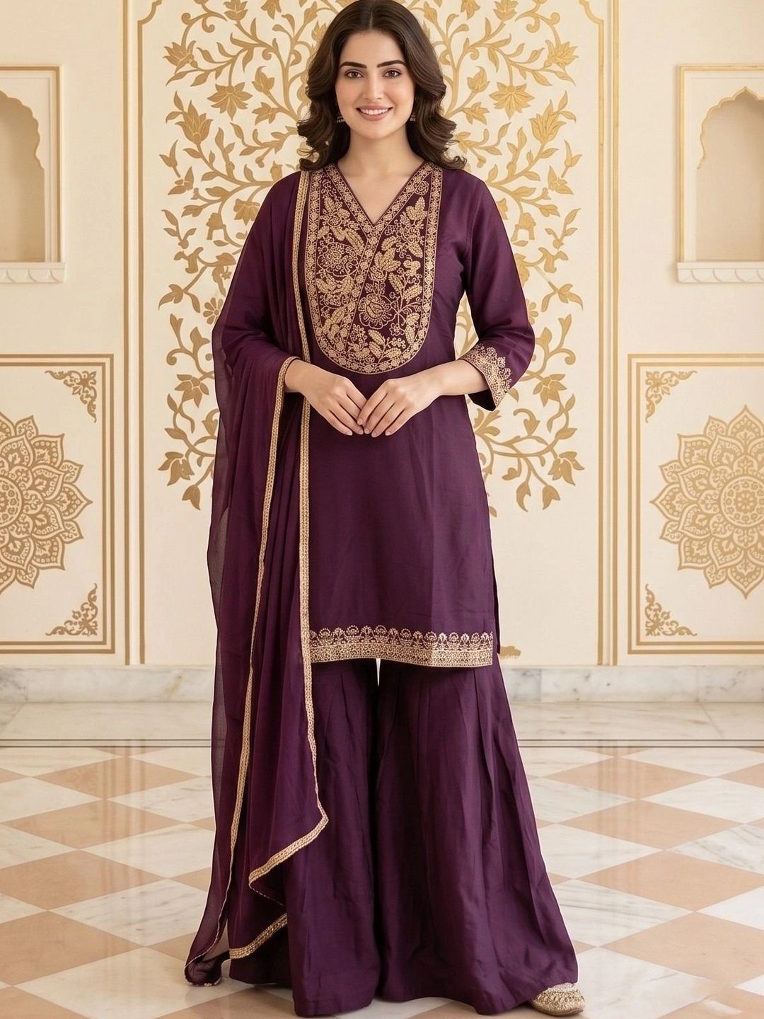 House of Pataudi Women Ethnic Motifs Embroidered Regular Thread Work Kurta with Sharara & With Dupatta