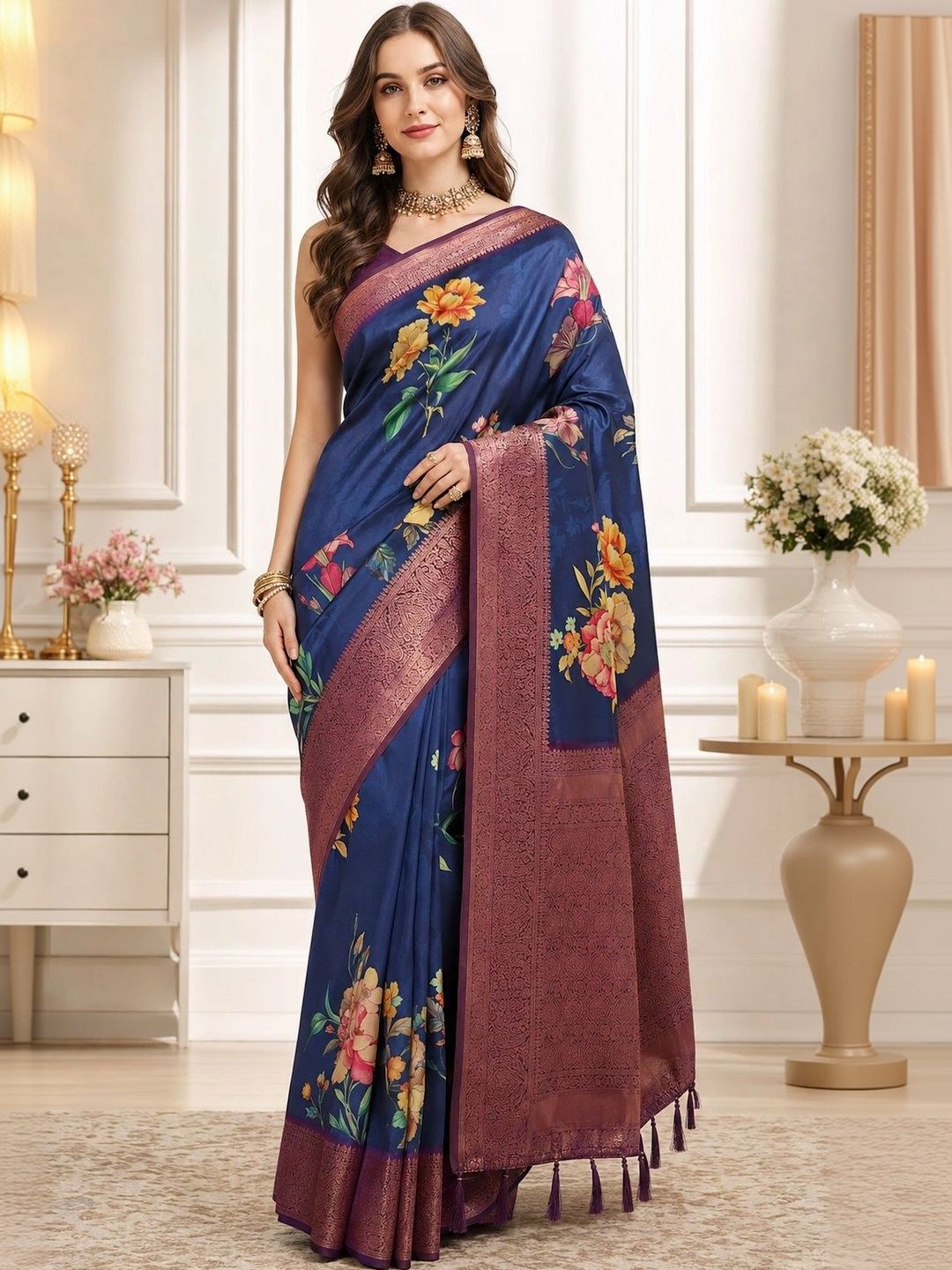 DIVASTRI Ethnic Motifs Zari Silk Cotton Designer Kanjeevaram Saree