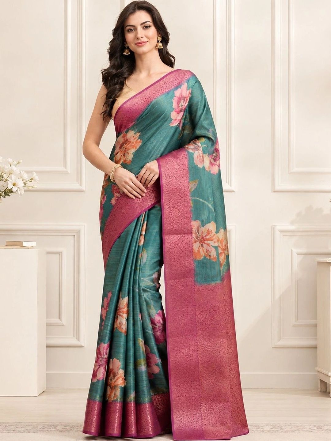 DIVASTRI Floral Zari Silk Cotton Designer Kanjeevaram Saree
