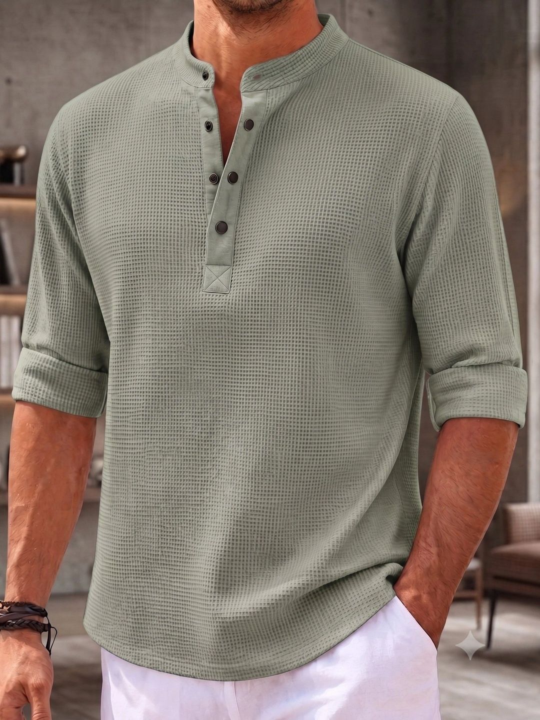 RUFICA Men Mandarin Collar Roll-Up Sleeves T-shirt