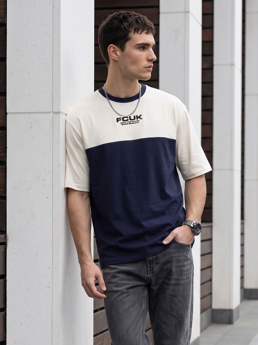 FCUK Oversized Colourblocked Pure Cotton T-Shirt