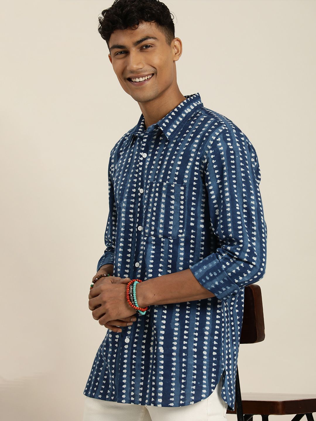 Taavi Men Comfort Organic Indigo Hand Block Printed Pure Cotton Casual Shirt