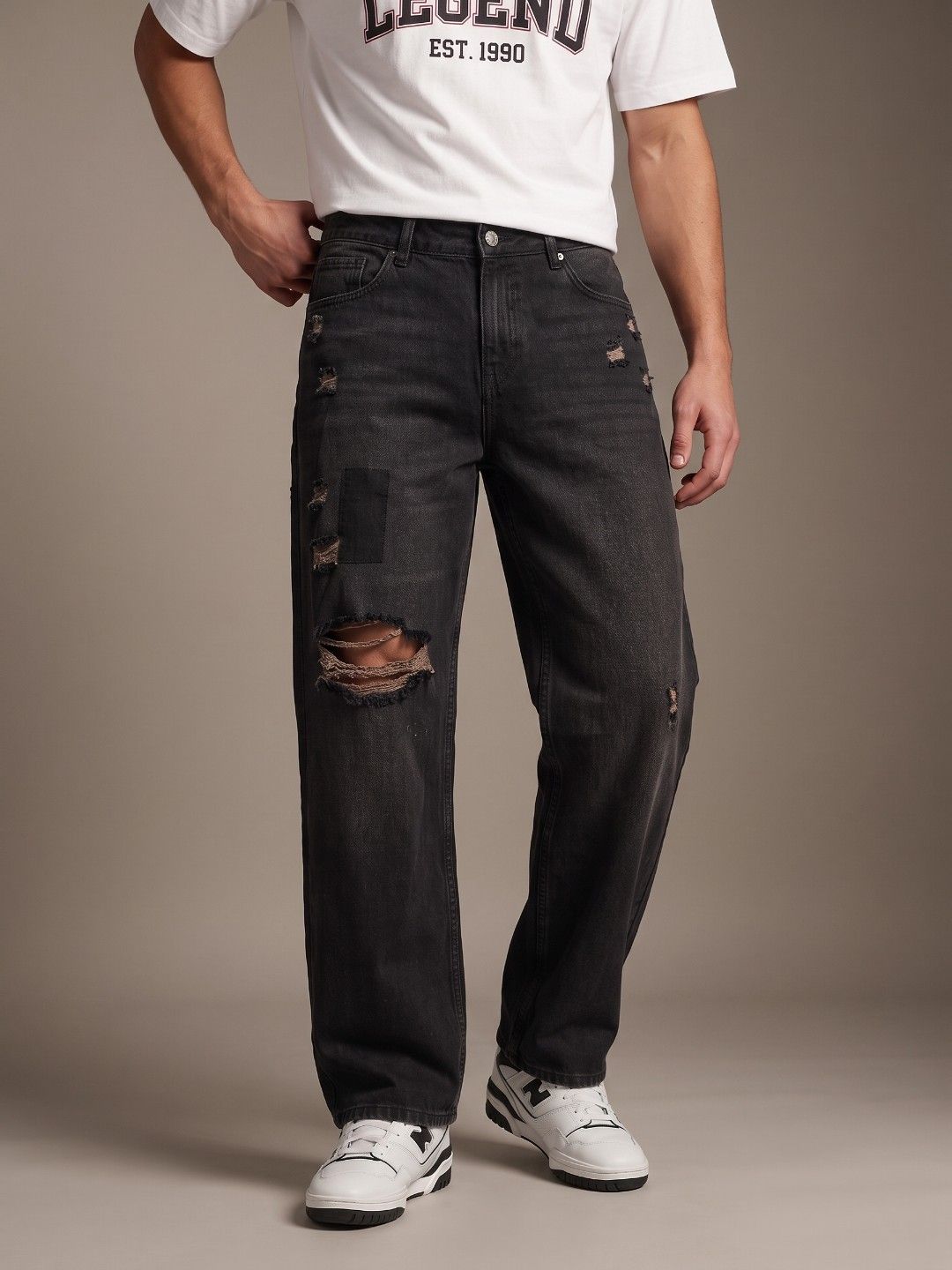 glitchez Men Barrel Fit Mid-Rise Highly Distressed Light Fade Jeans