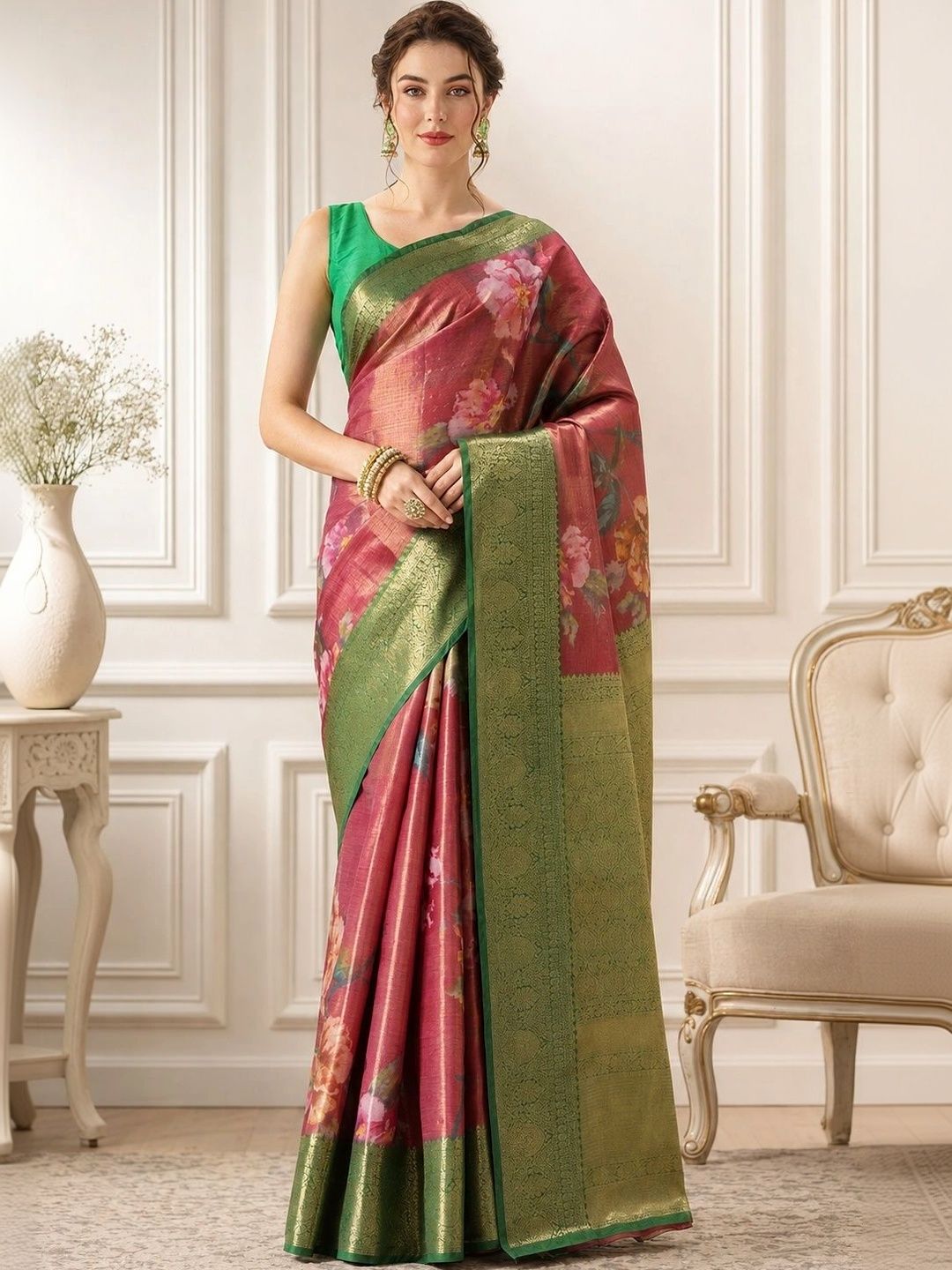 DIVASTRI Women Ethnic Motifs Zari Silk Cotton Designer Kanjeevaram Saree