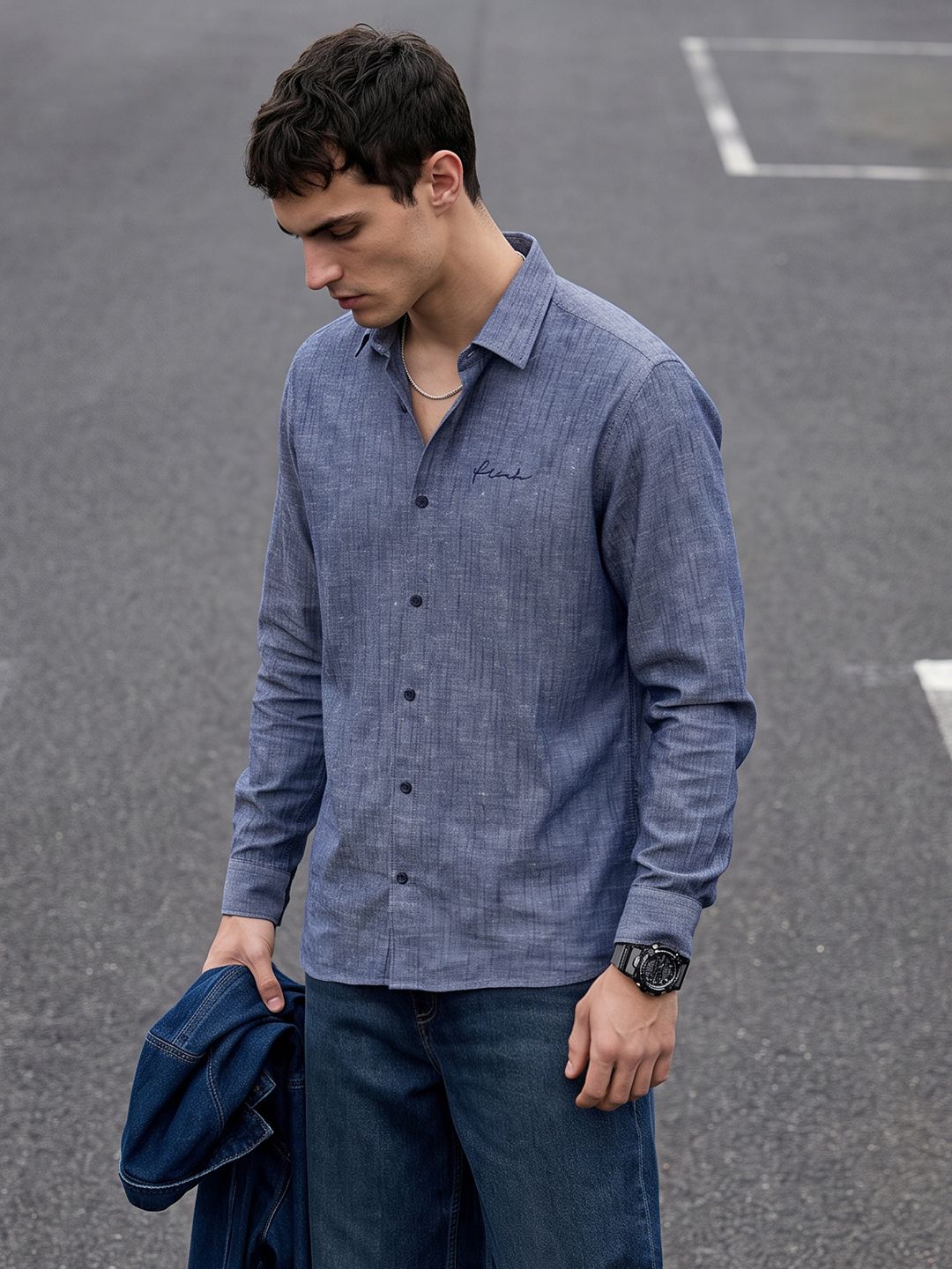 FCUK Relaxed Fit Spread Collar Cotton Linen Casual Shirt